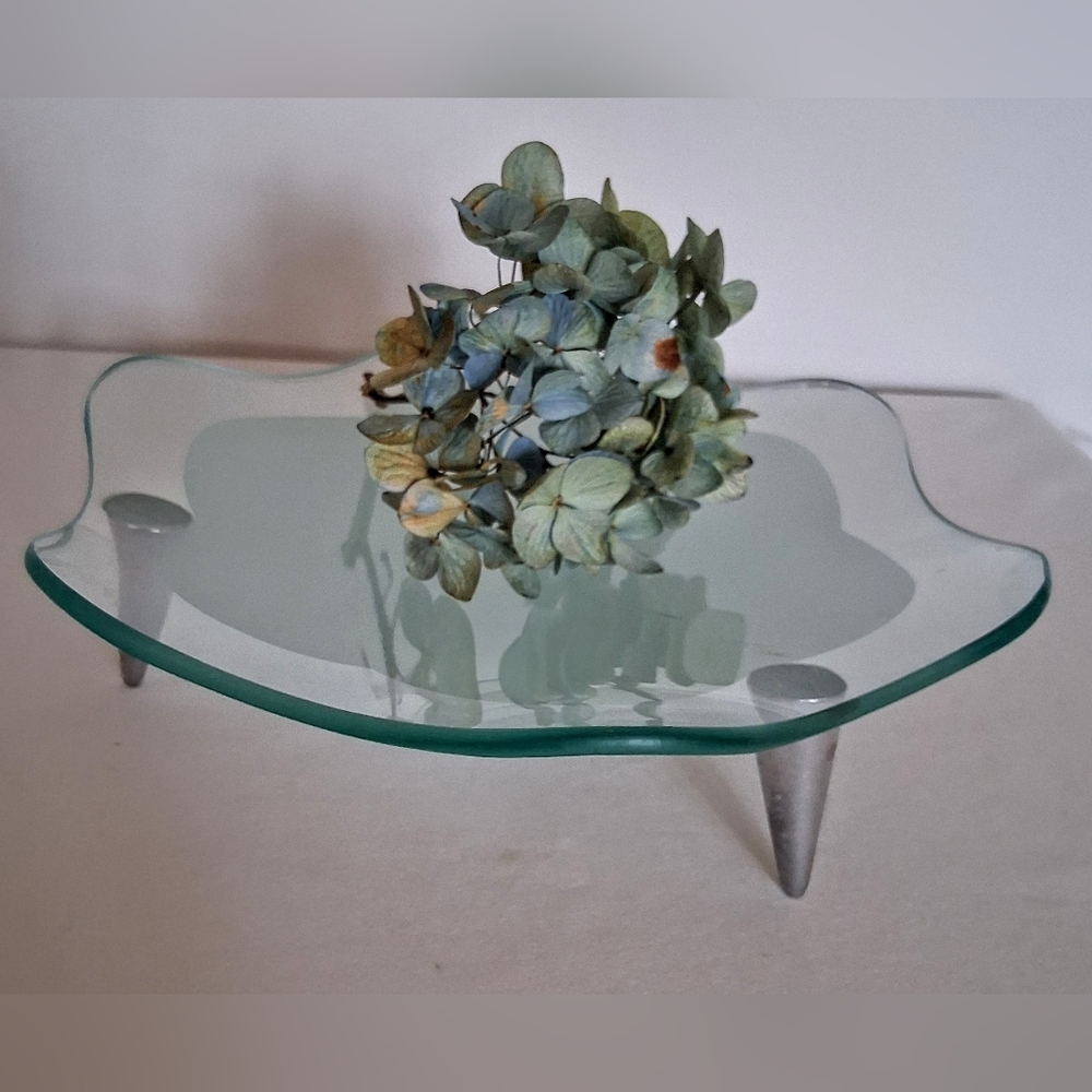 1960s Wavy Glass Display or Serving Tray - 3 Chrome Feet - Mid Century Modern